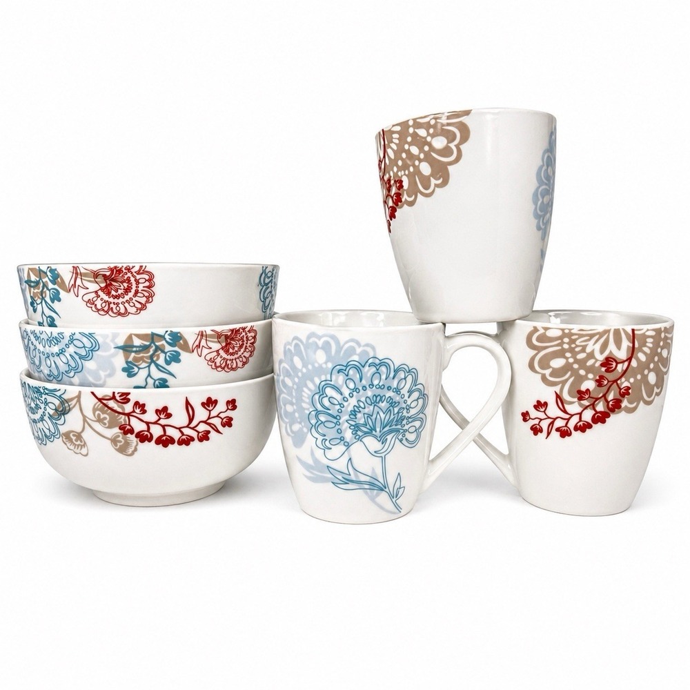 Tabletops Gallery 6pc Ceramic Set Mugs Bowls Floral Blue Red Tan Modern